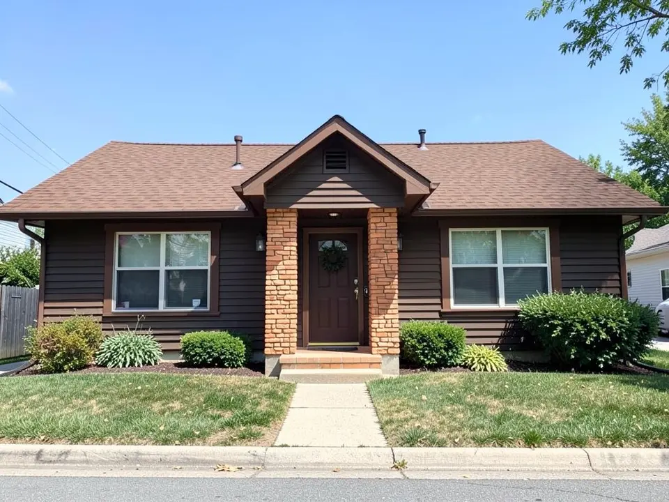 AI-drawn generic stand-in of a 1970s one-story ranch house with dark brown wood siding, brown trim, orange-tan stone pillars beside the front door and a brown shingle roof