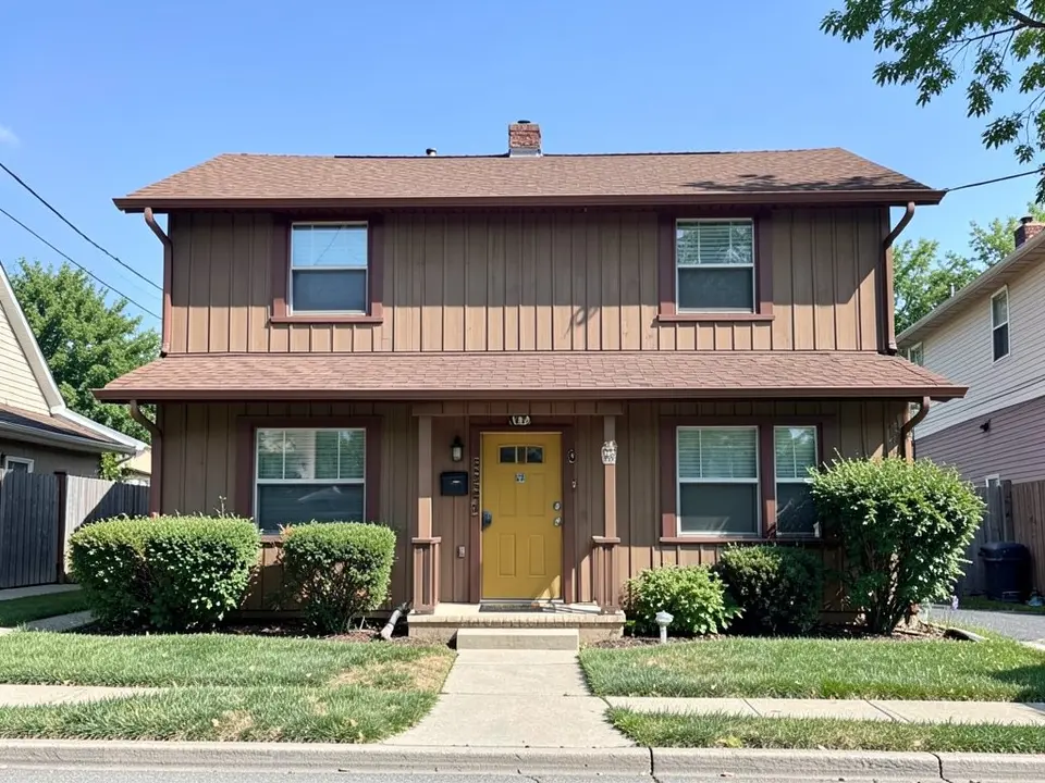 AI-drawn generic stand-in of a 1970s two-story house with brown vertical wood siding, brown window trim, a mustard yellow front door and a brown shingle roof