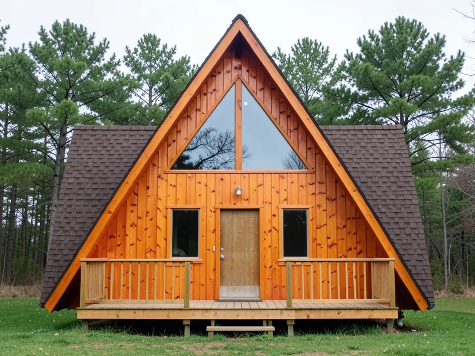 AI-drawn stand-in of a small A-frame cabin seen straight on, with a brown shingle roof, a front gable wall of shiny orange varnished pine boards, a large triangle window, a wood door between two square windows and a small front deck with wood railings