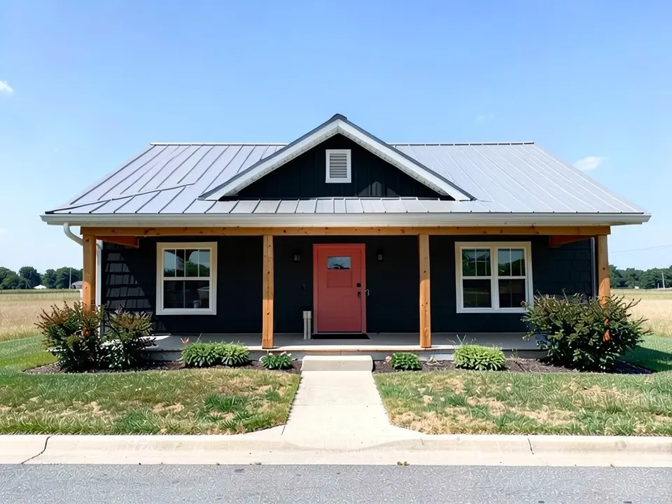 The same barndominium with matte black siding and a clay red front door; cedar posts and metal roof kept
