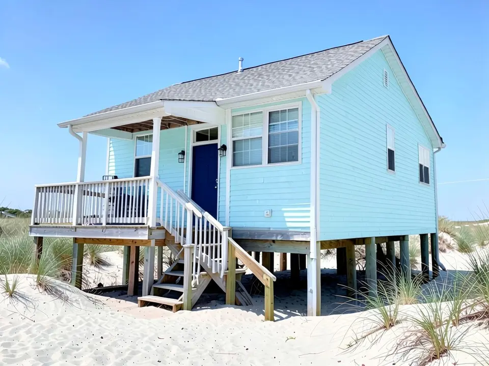 The same beach house with pale blue siding, white trim, posts and fascia and a navy front door; roof, railing, stairs, pilings, sand and dune grass kept