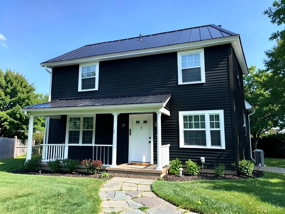 The same house with deep black siding; white window trim, white door and porch posts, and the dark roof kept