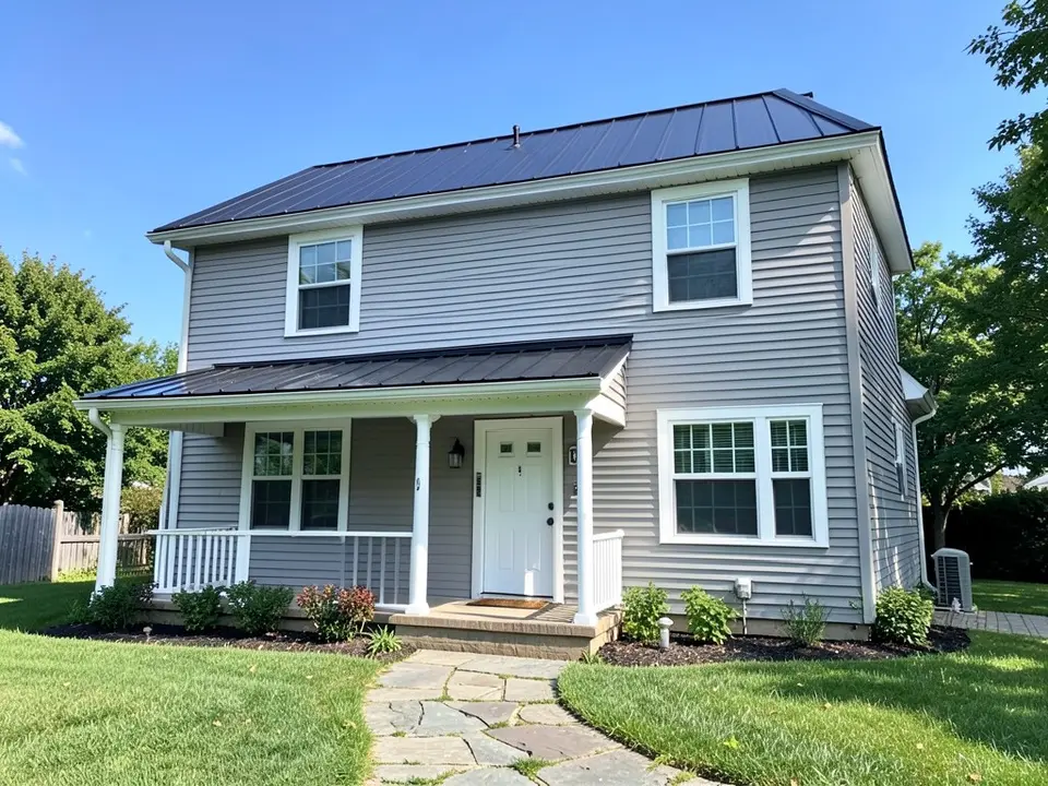AI-drawn generic stand-in of a two-story house with light gray horizontal siding, white window trim, a white front door under a small covered porch with white posts and a dark metal roof