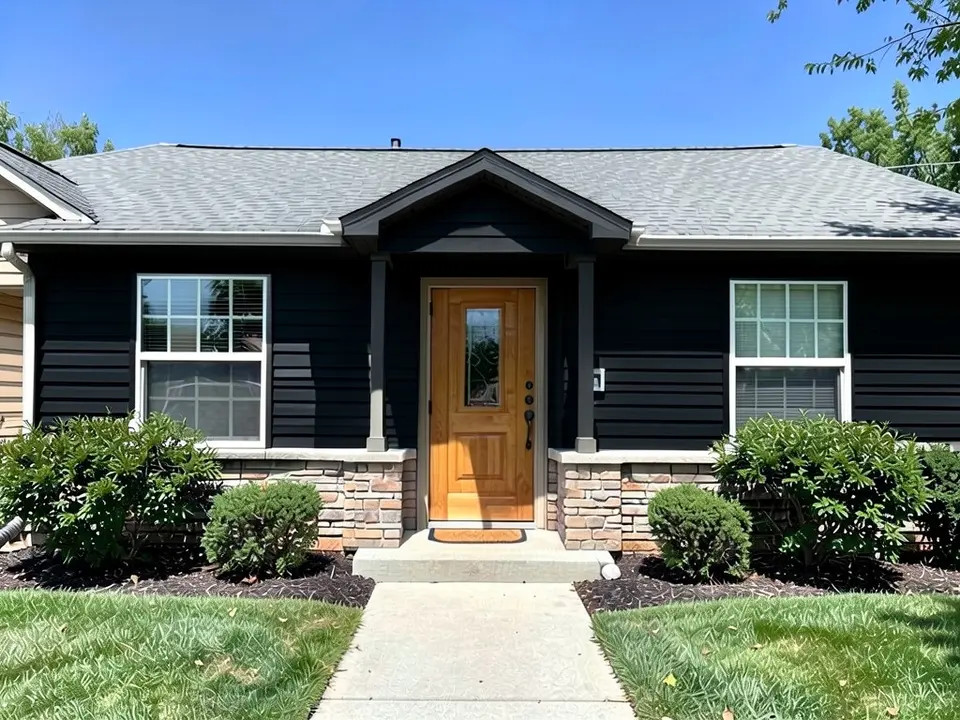 The same house with near-black siding; wood front door, stone base, gray roof and shrubs kept