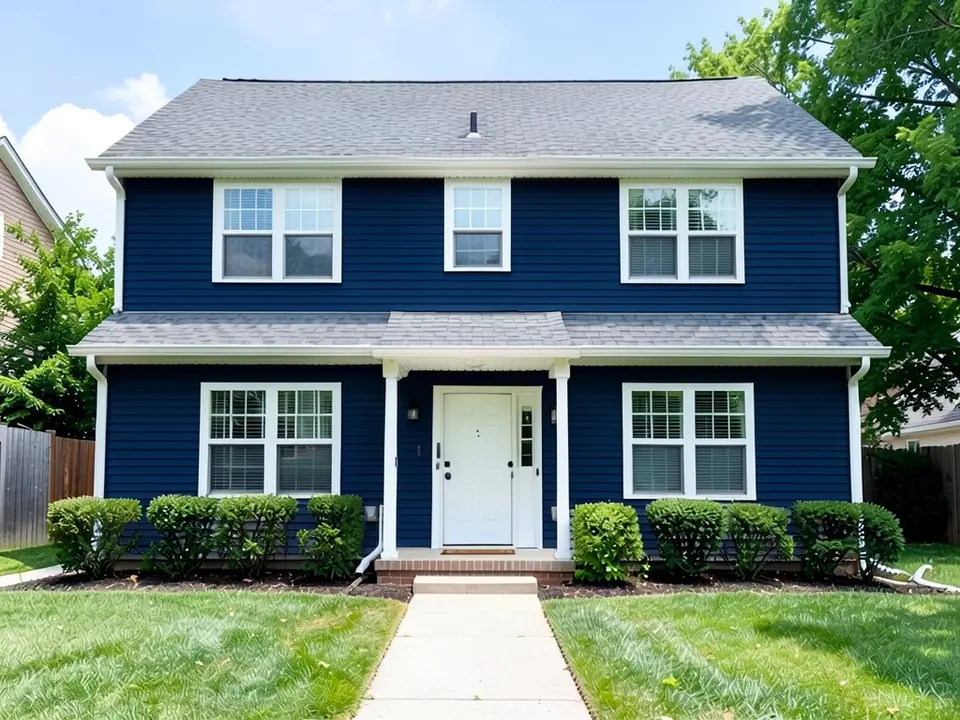 The same house with deep navy blue siding; white window trim, white door and gray roof kept