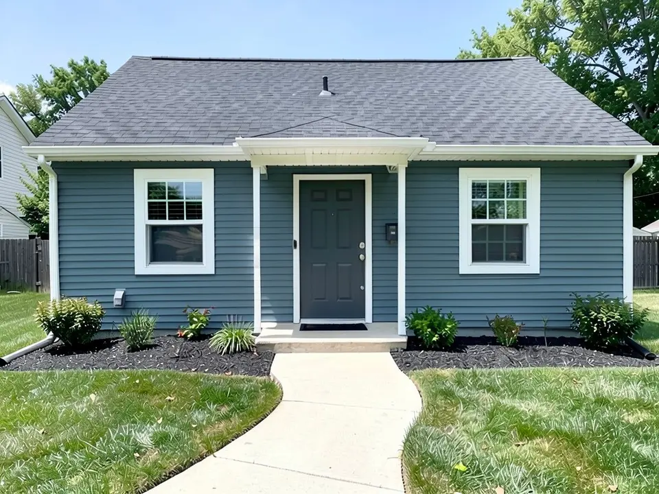 The same house with muted slate blue-gray siding; white window trim, dark gray door and roof kept