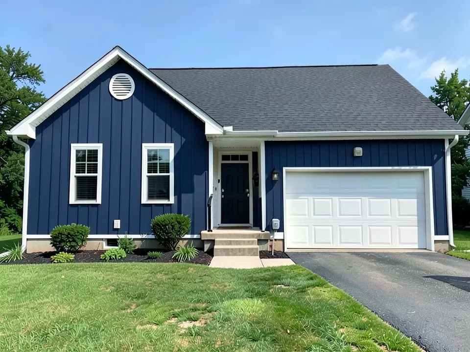 The same house with navy blue vertical board and batten siding on every wall, garage wall included; the white trim, the round gable vent, the white garage door and the dark roof kept