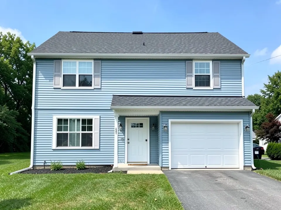 AI-drawn generic stand-in of a two-story house with light blue horizontal vinyl siding, gray shutters, a white front door under a small porch, a white garage door and a dark gray shingle roof