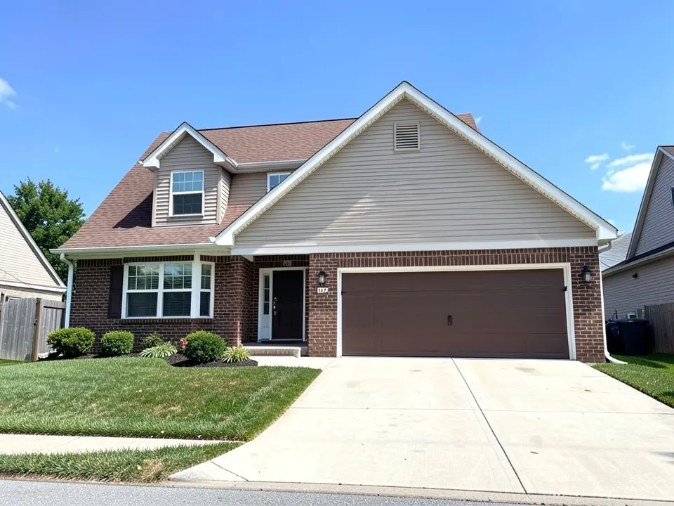 AI-drawn generic stand-in of a house with dark brown brick, beige horizontal siding in a large front gable and a dormer, white trim, a brown garage door and a brown shingle roof