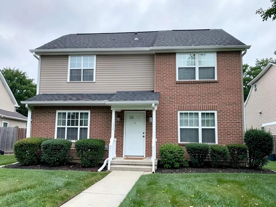 The same house with red brick on the whole first floor and on the right-hand block of the second floor; the left part of the second floor is still beige siding