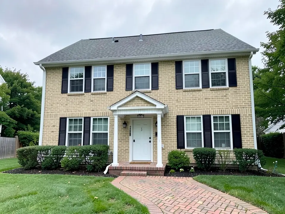 The same house with tan buff brick on every front wall; black shutters, white door and portico, gray roof and walkway kept