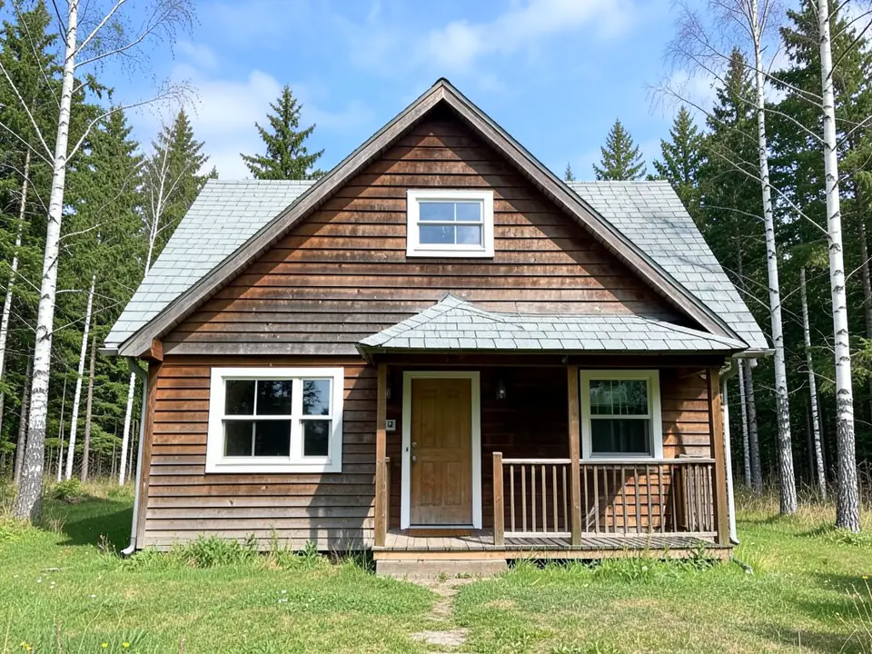 AI-drawn generic stand-in of a one-and-a-half story cabin among birch and fir trees, seen straight on, with brown lap siding, a faded light grey shingle roof, four white-framed windows, a wood front door with white trim and a small porch with a wooden railing