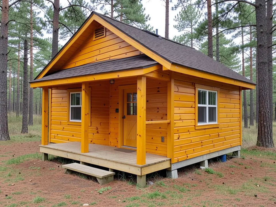 AI-drawn generic stand-in of a small one-story cabin in a pine forest, with shiny yellow varnished horizontal pine siding, pine trim and porch posts, a dark shingle gable roof, a covered front porch, a wooden step and white-framed windows