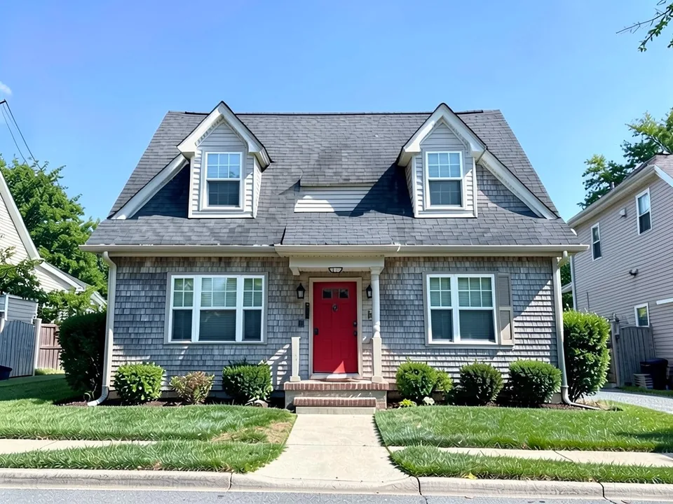 The same Cape Cod house with weathered gray cedar shingle siding, white trim and a red front door; roof and dormers kept