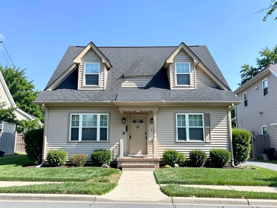 AI-drawn generic stand-in of a Cape Cod house with two front dormers, a centered front door, beige siding and trim and a dark gray roof