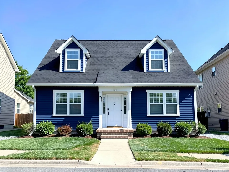 The same Cape Cod house with navy blue siding, white trim on the windows and dormers and a white front door; roof and dormers kept