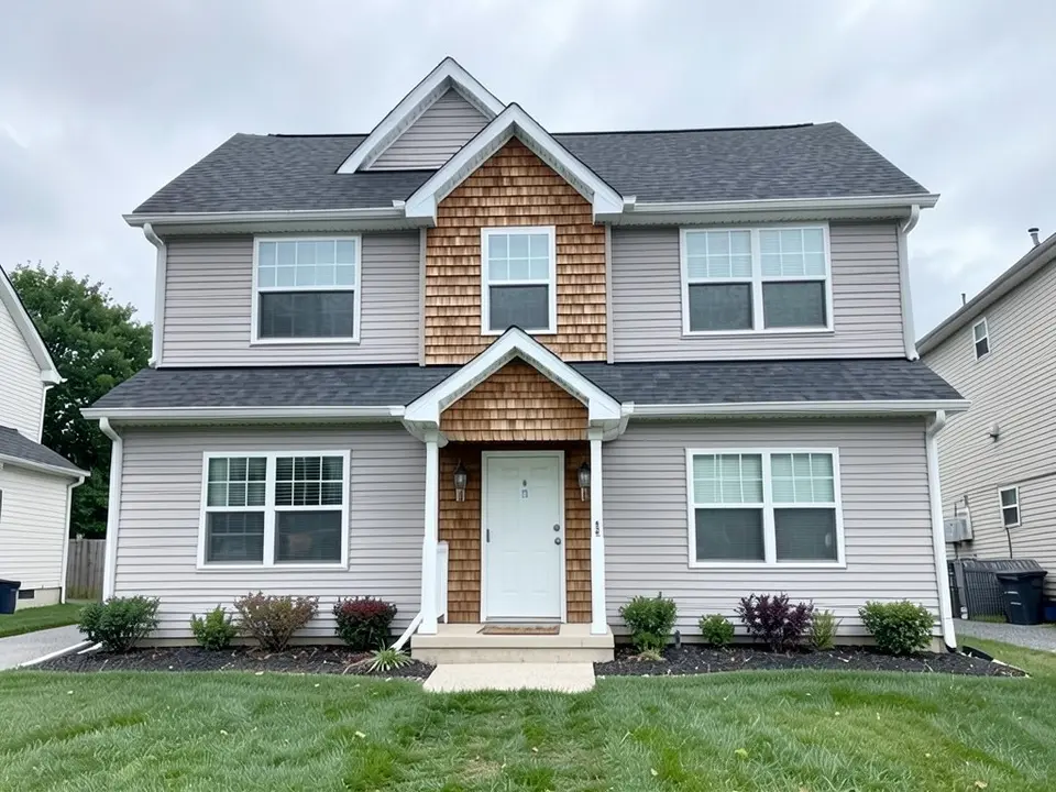 The same house with natural brown cedar shakes on the center front gable, the small gable over the door and the wall strips beside the door; gray siding elsewhere