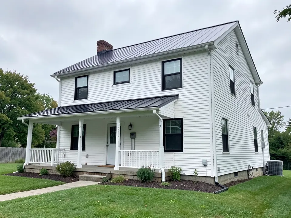 AI-drawn generic stand-in of a two-story farmhouse style house with white horizontal vinyl siding, black-framed windows, a front porch with white posts and a black metal roof