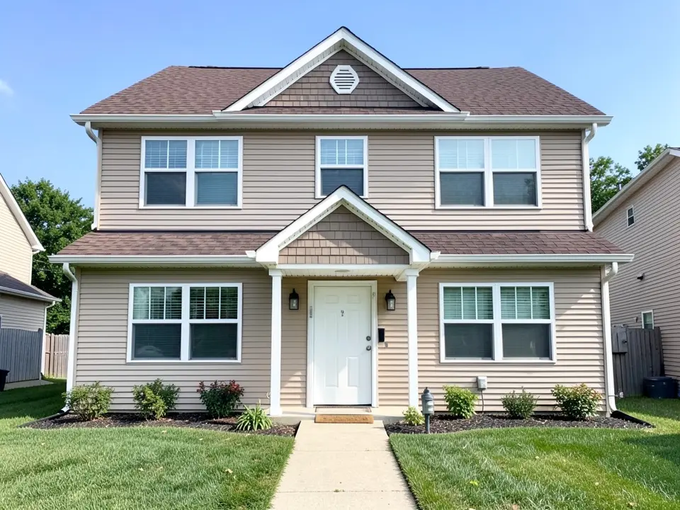 AI-drawn generic stand-in of a two-story house with beige horizontal vinyl-style siding, white trim, a white front door under a small gabled porch roof and a brown shingle roof