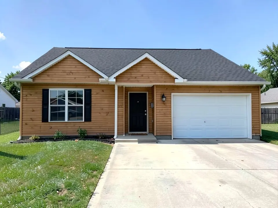The same house with orange-brown wood-look horizontal planks; shutters, doors and roof kept
