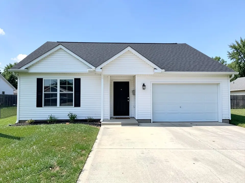 AI-drawn generic stand-in of a one-story ranch house with plain white horizontal siding, black shutters and front door, a white garage door and a black roof