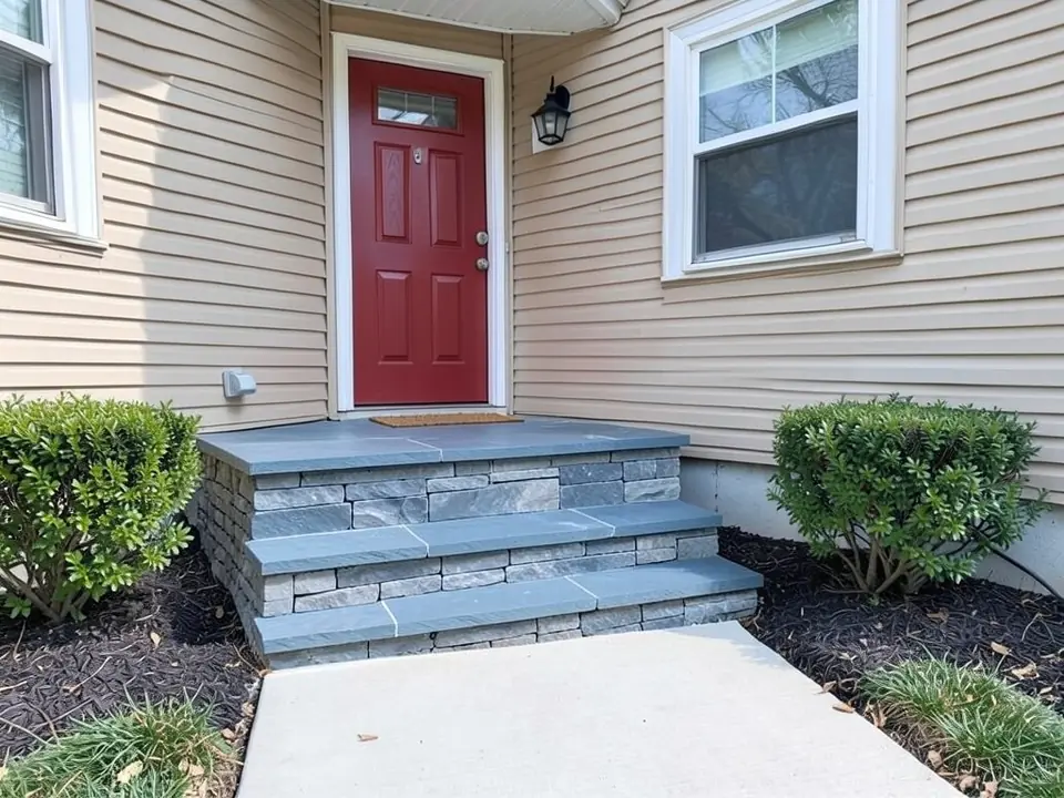 The same entry with blue-grey bluestone slab treads and grey stacked-stone veneer on the fronts and sides of the steps; red door, siding, lantern, shrubs and concrete walkway unchanged