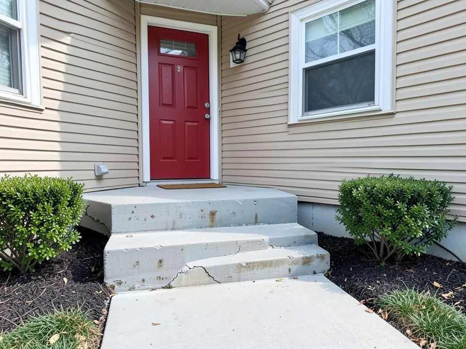 Cracked and stained grey concrete stoop with a landing and two steps below a red front door, beige vinyl siding, a black wall lantern, shrubs on both sides and a concrete walkway