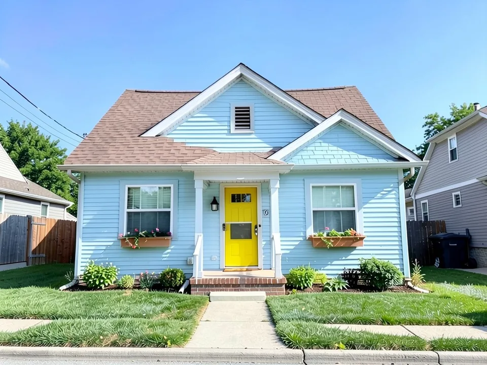 The same cottage with powder blue siding, white trim and porch posts and a yellow front door; roof and flower boxes kept