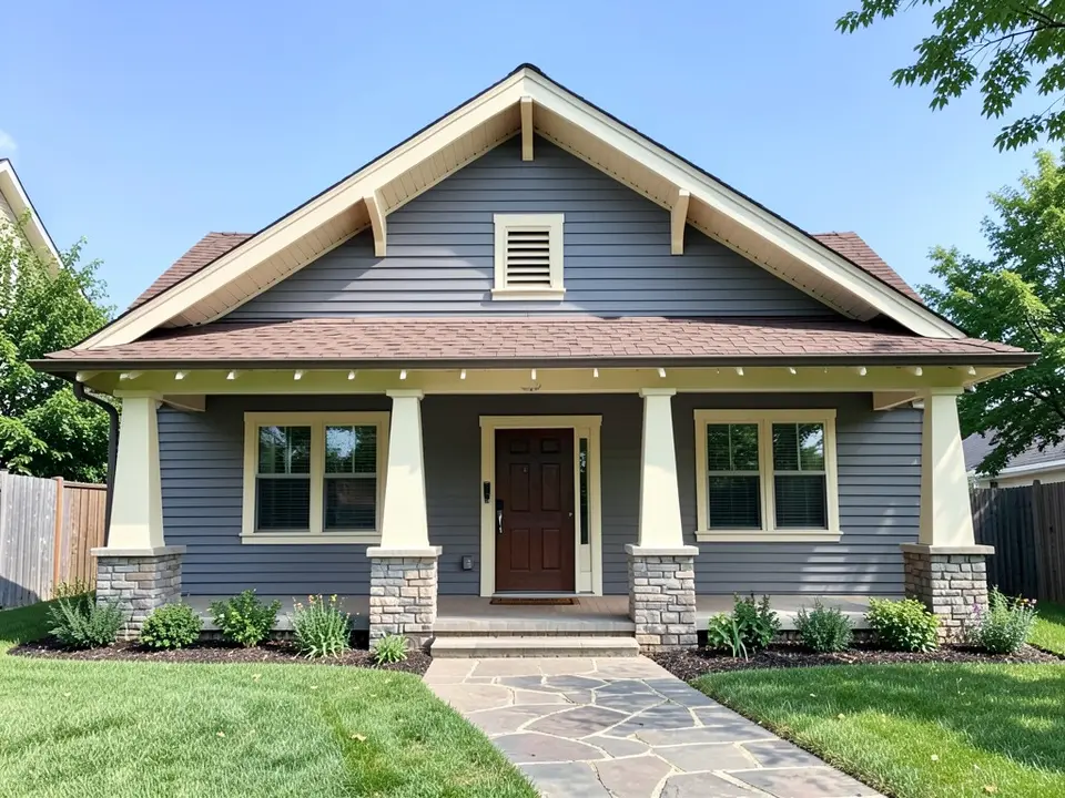 AI-drawn generic stand-in of a Craftsman bungalow with gray lap siding, cream trim and porch columns on stone piers, a dark wood front door and a brown shingle roof