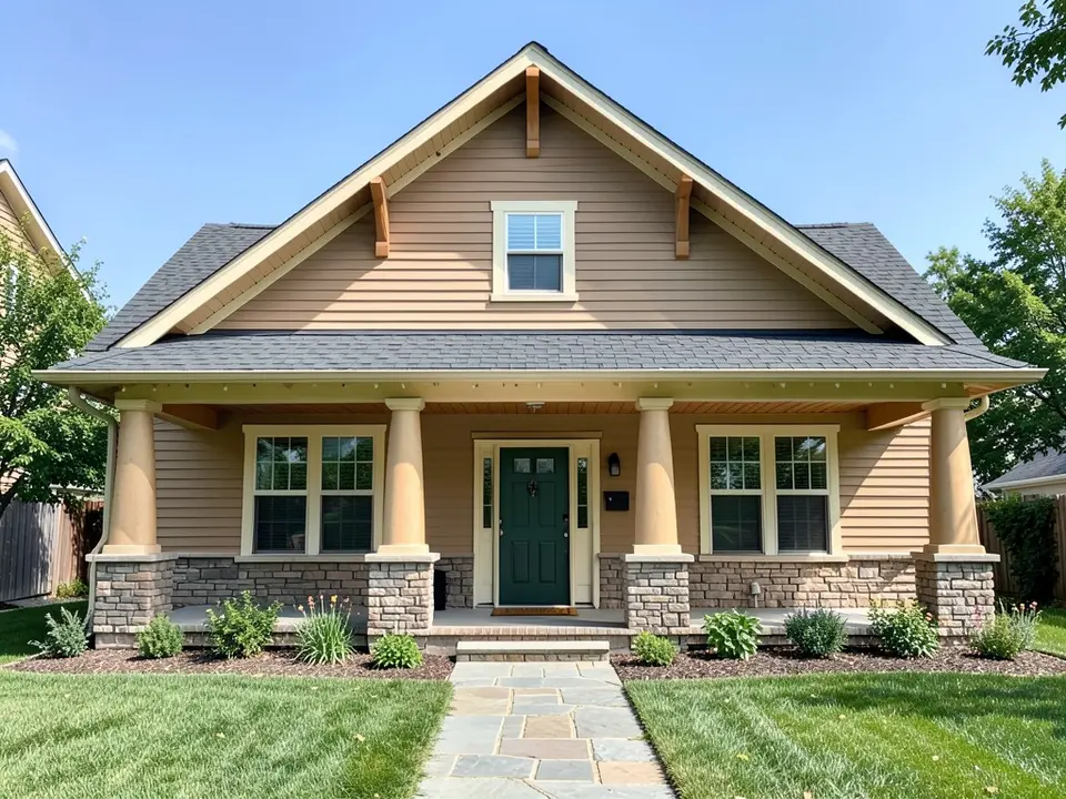 AI-drawn generic stand-in of a Craftsman bungalow with warm tan lap siding, cream trim, tan porch columns on stone bases, a dark green front door and a gray shingle roof