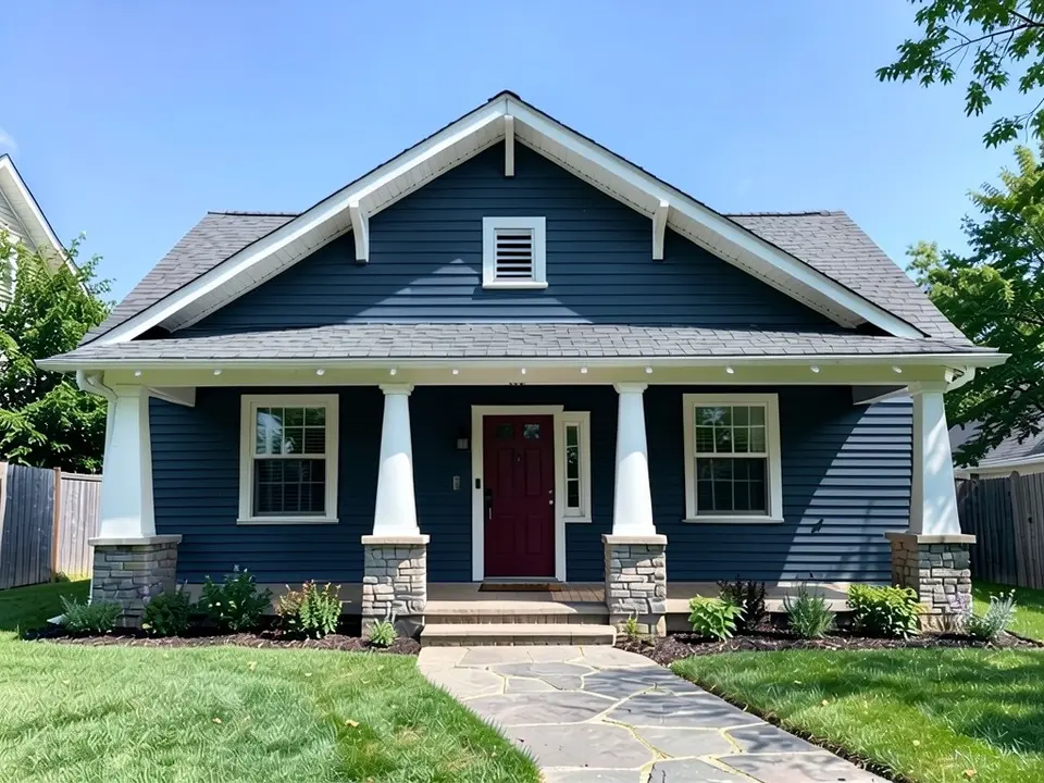 The same bungalow with deep navy siding; white trim, columns, red door, stone piers and roof kept