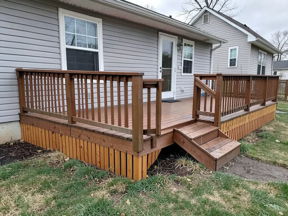 The same deck with orange-brown vertical wood boards in place of the lattice on the front and right side; the dark gap beside the steps is still open