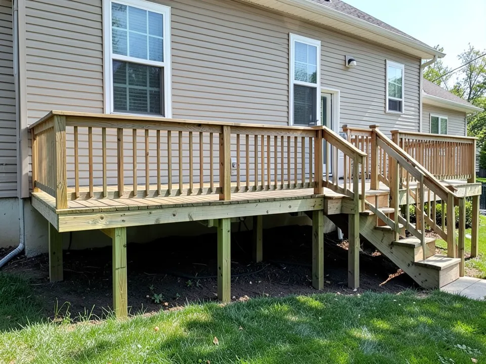 AI-drawn stand-in of a beige two-story house with a raised natural wood deck, railing and wooden stairs, with the space under the deck open so the posts and bare dirt show