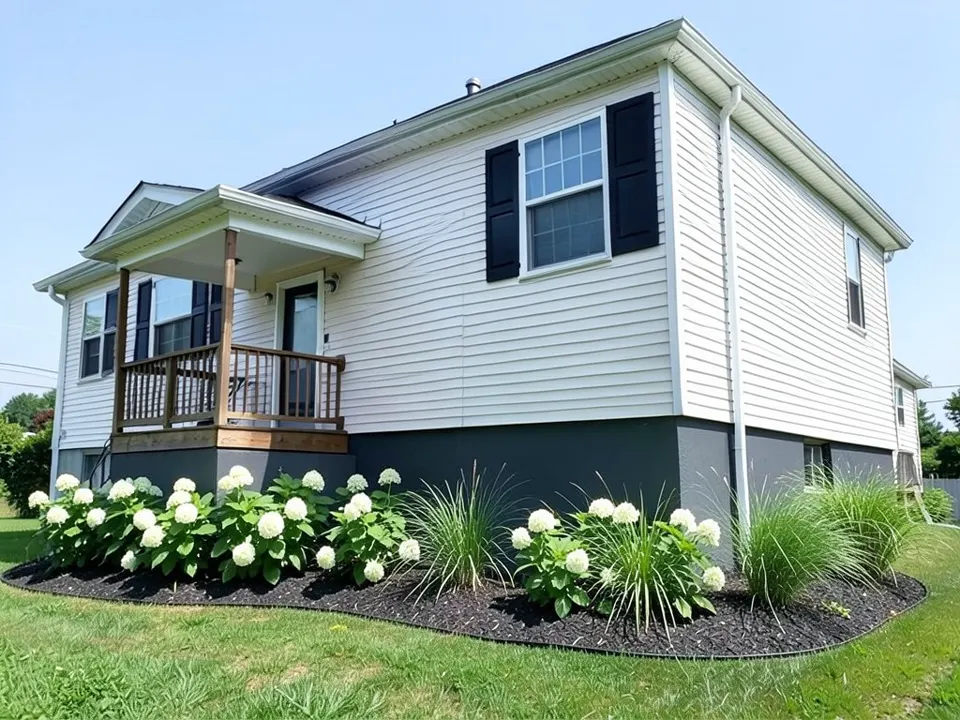 The same house with the front and side foundation and the porch base painted dark charcoal grey and a curved mulch bed of white hydrangeas and ornamental grasses along the wall