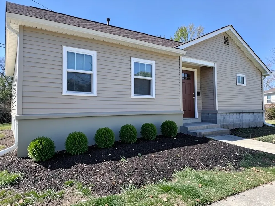 The same ranch with a smooth light grey coat over the block band under the main front wall and six round boxwood shrubs in a dark mulch bed; door, steps, windows and siding unchanged