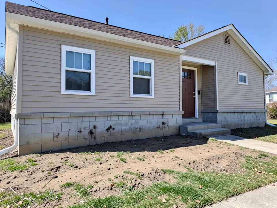 AI-drawn stand-in of a beige single-story ranch house with a band of stained grey cinder block foundation below the siding and bare dirt in front of it