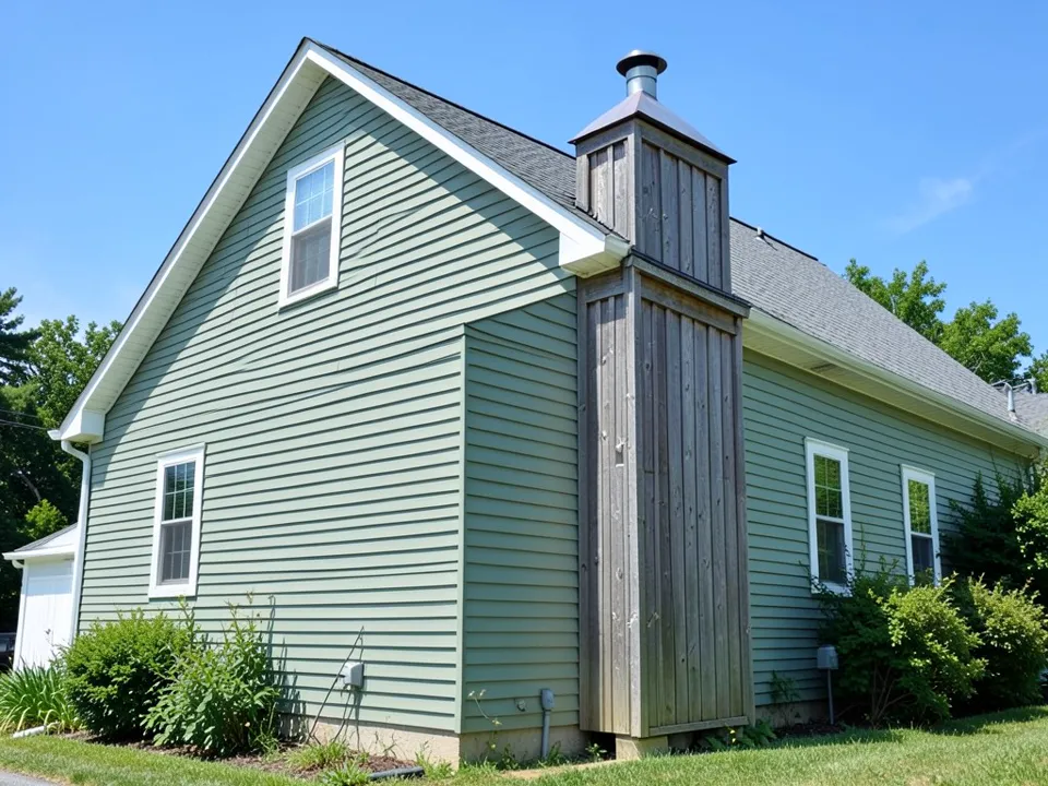 AI-drawn stand-in of a sage green two-story house with a framed chimney chase on the side wall, clad in faded grey-brown vertical wood boards, with a metal cover and round flue cap on top