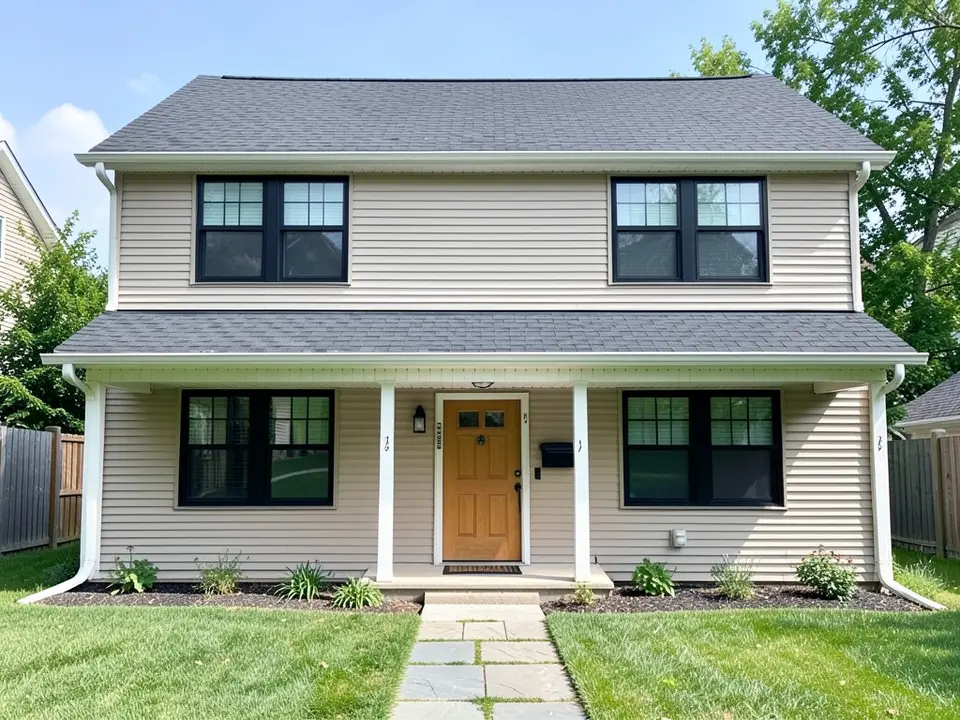 AI-drawn generic stand-in of a two-story house with light beige siding, black window frames, a wooden front door, a covered porch with white posts and a dark gray roof