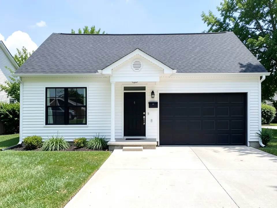AI-drawn generic stand-in of a one-story ranch house with white siding, a black window frame, a black front door, a black garage door and a dark gray roof