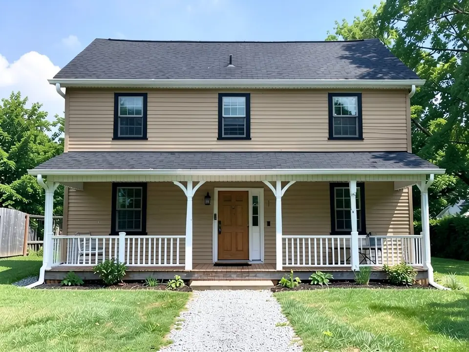 The same farmhouse with tan-brown siding under the same black roof; black window frames, white porch posts and wooden door kept