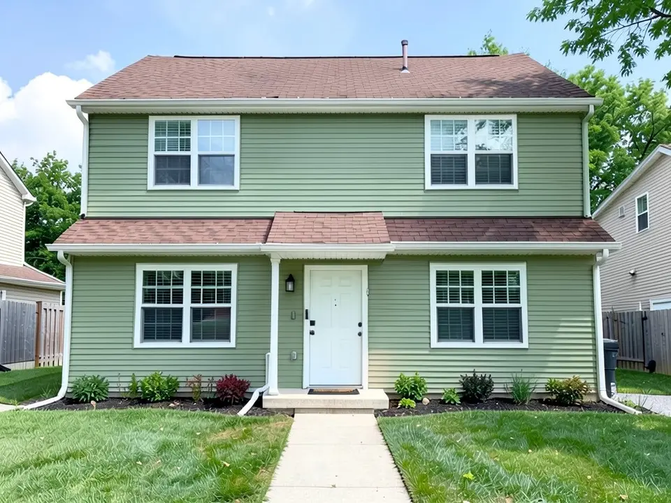The same house with sage green siding under the same brown roof; trim, door and roof kept