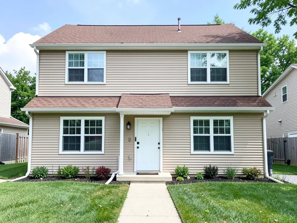 AI-drawn generic stand-in of a two-story house with beige horizontal vinyl siding, white window trim, a white front door and a medium brown asphalt shingle roof