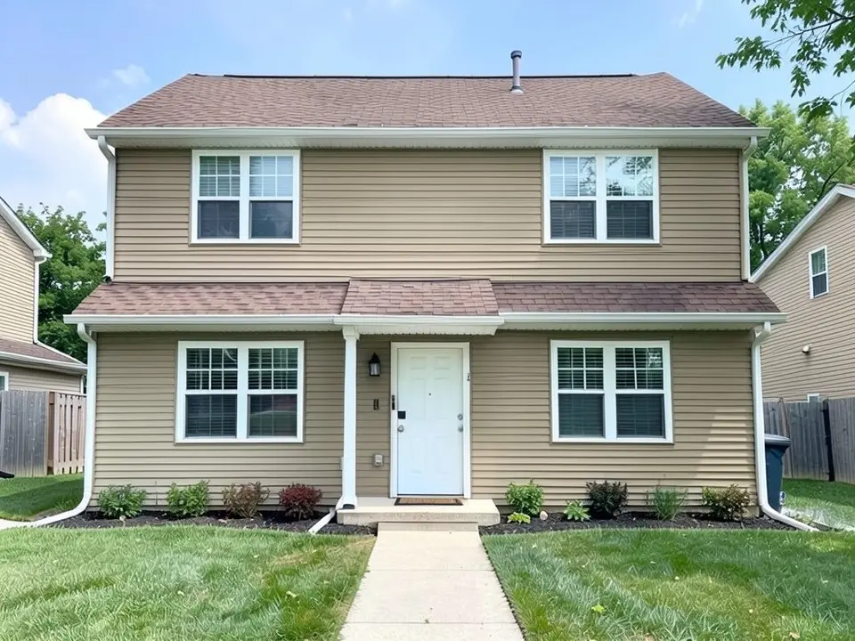 The same house with warm tan siding under the same brown roof; white trim, door and roof kept