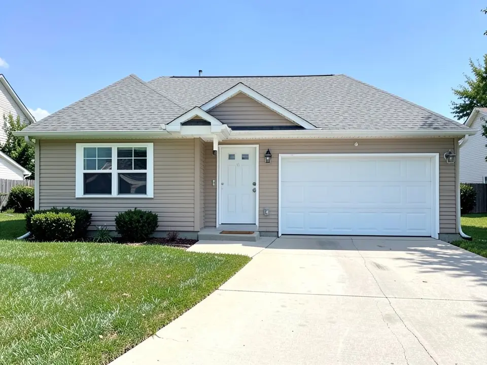 AI-drawn generic stand-in of a one-story house with beige horizontal siding, white window trim, a white front door, a white garage door and a medium gray shingle roof