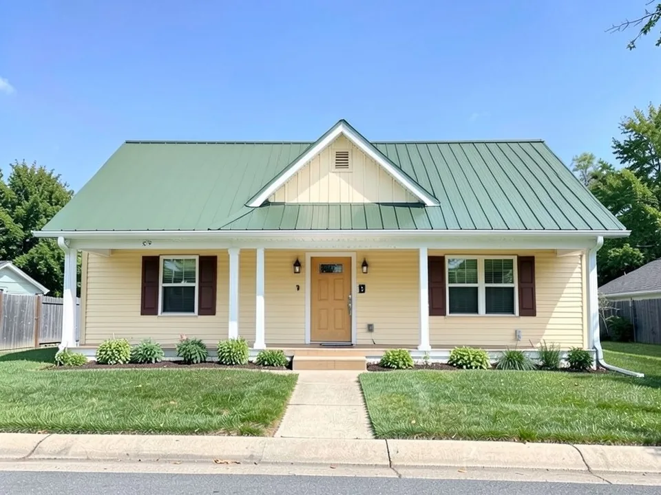 The same house with warm cream siding that leans pale yellow, white trim and porch posts, dark brown shutters and a natural wood front door; green metal roof kept