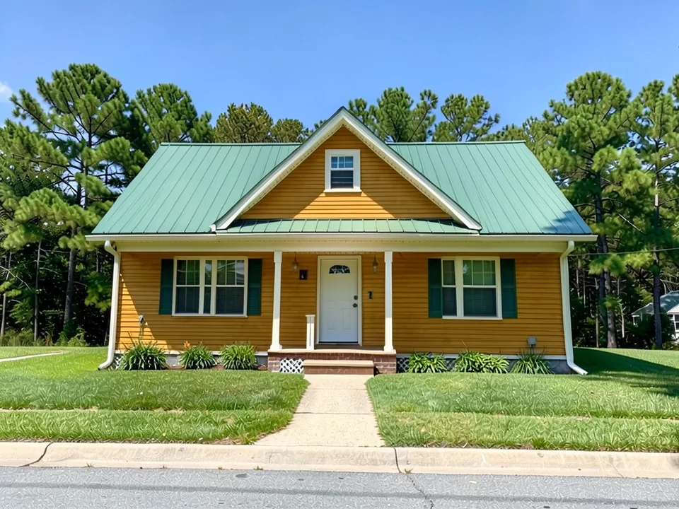 The same house with honey-brown stained wood siding and white trim; green metal roof, green shutters and porch kept