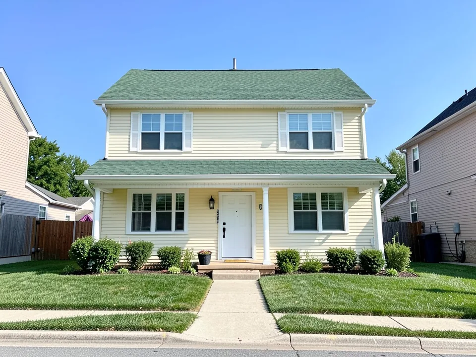 AI-drawn generic stand-in of a two-story house with a green asphalt shingle roof, pale yellow siding, white trim and shutters, a covered porch and a white front door