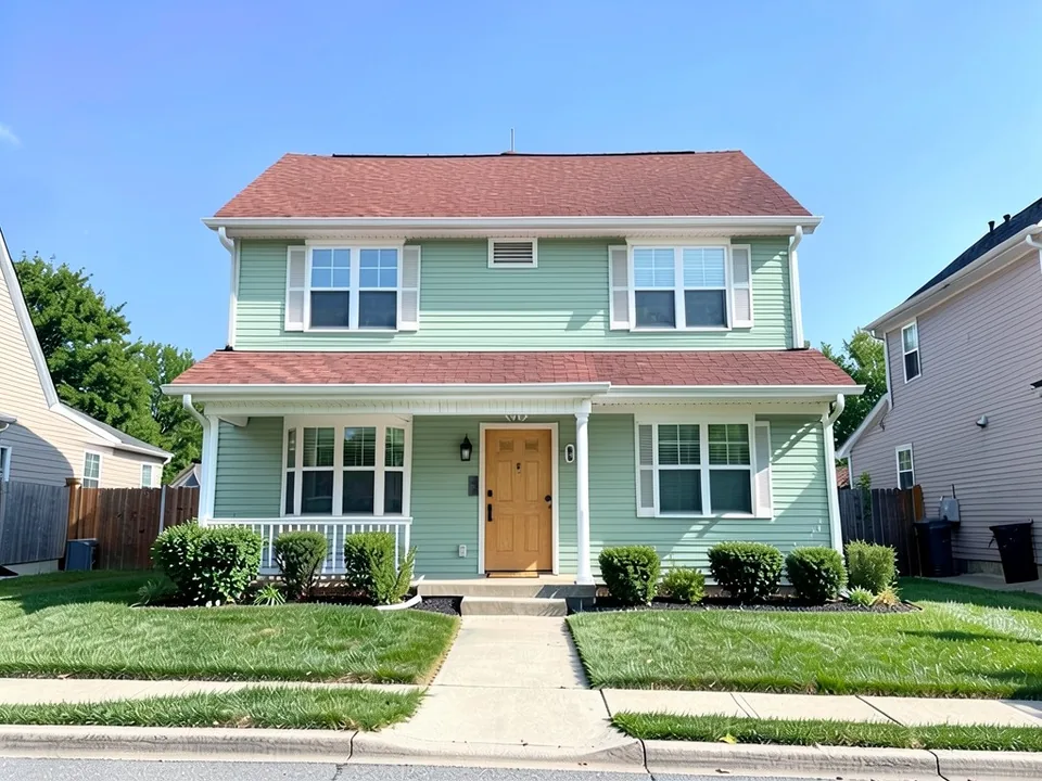 The same house with sage green siding, white trim and a natural wood front door; red shingle roof kept