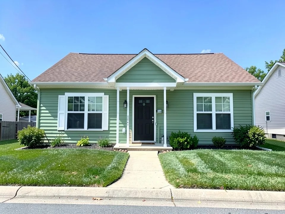 The same house with sage green siding and a black front door; white windows, white trim and brown roof kept