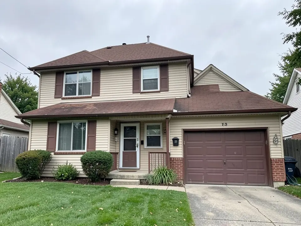 AI-drawn generic stand-in of a dated two-story suburban house with beige siding, brown shutters and trim, a brown garage door and a brown roof
